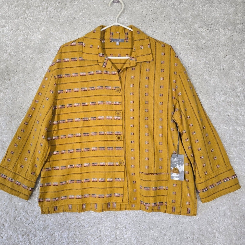 Habitat Embroidered Button Down Shirt Womens Medium Ochre Cotton Boho Lagenlook